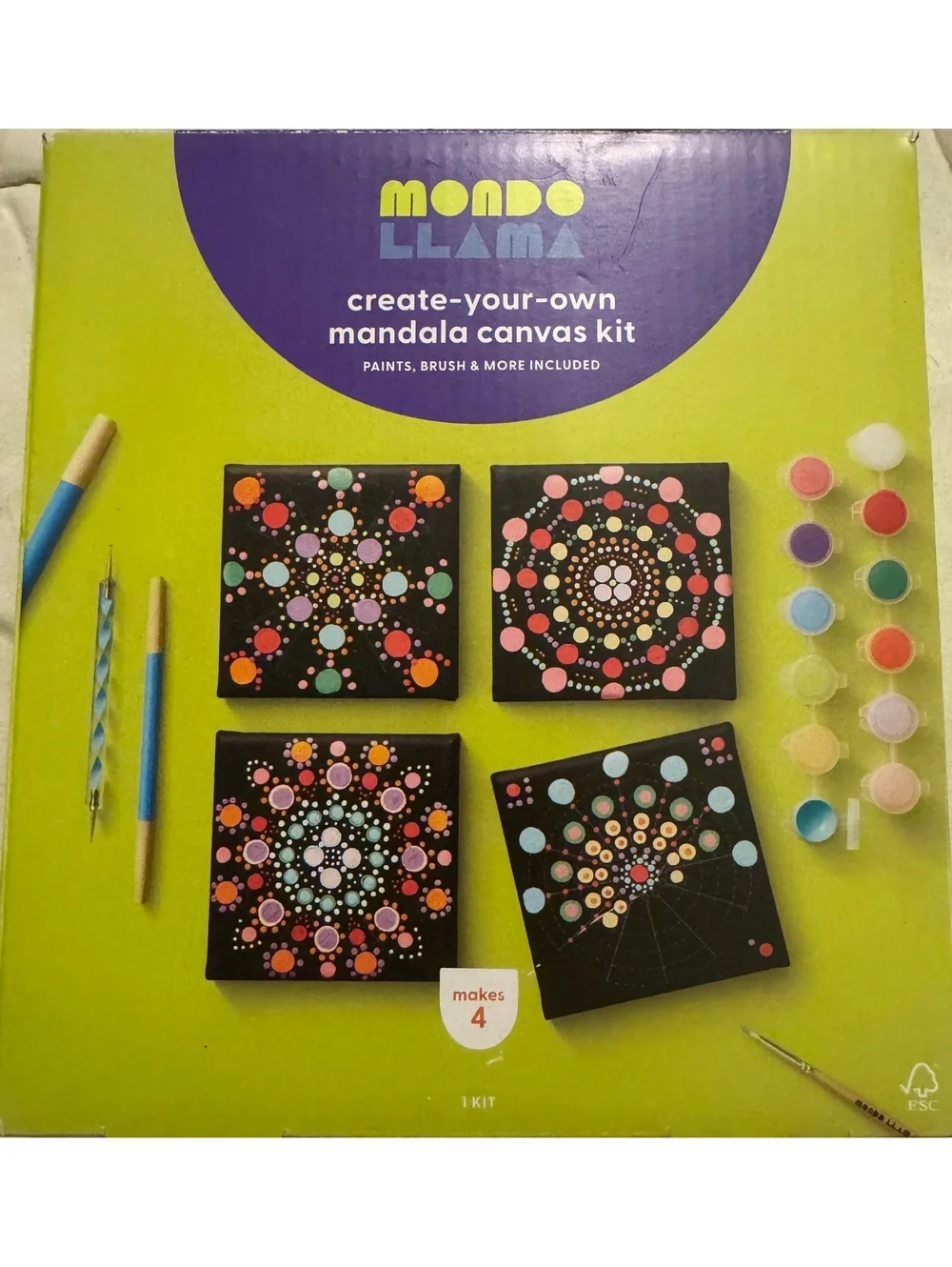 Mondo Llama Create-Your-Own Mandala Canvas Kit with Paints and Brushes